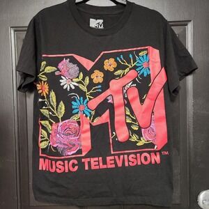 MTV Music Television T-Shirt Floral Logo Black Graphic  Size Small Tee